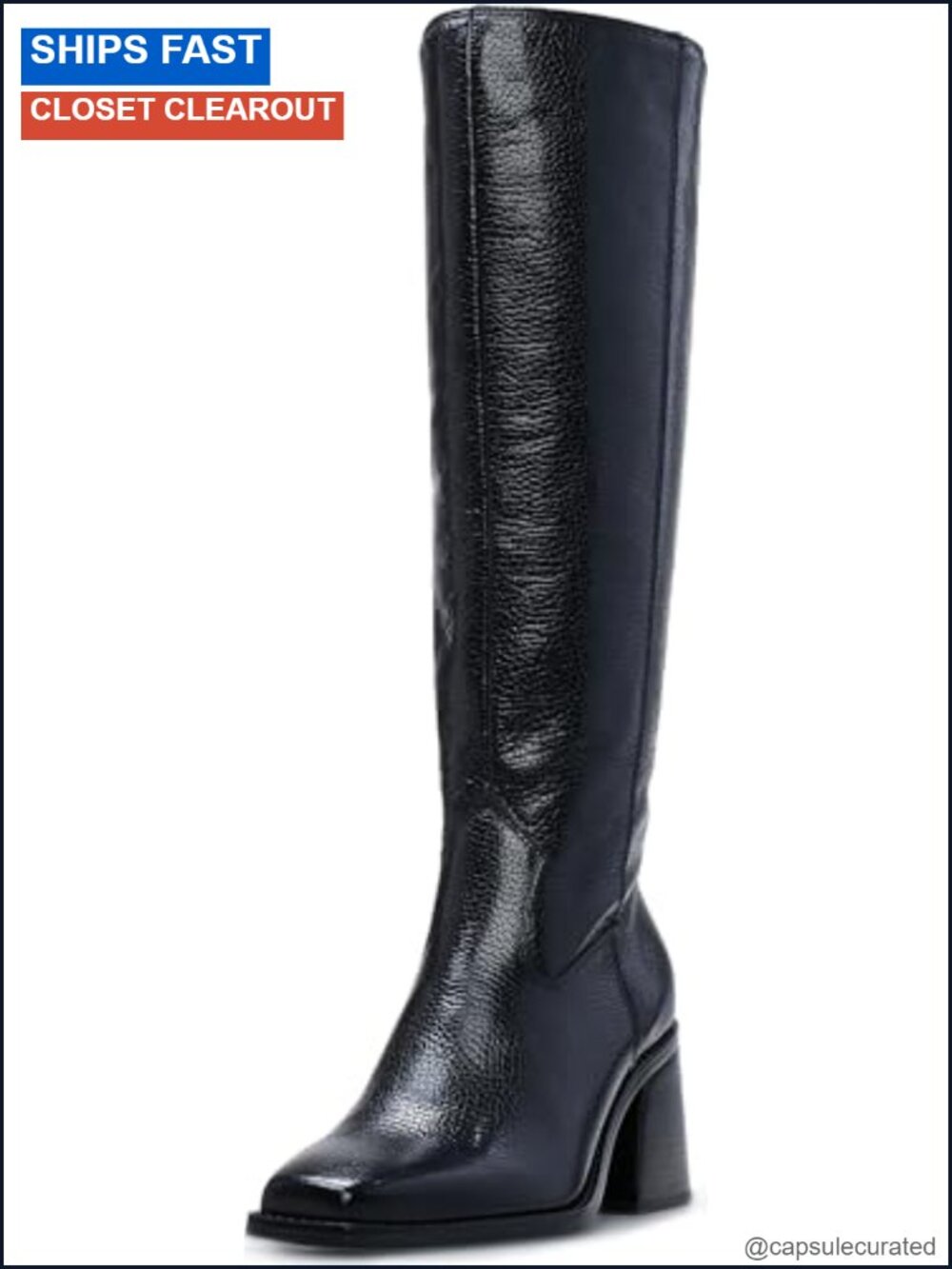 Leather Knee High Boot Block Heel Snip Toe Zipper Closure